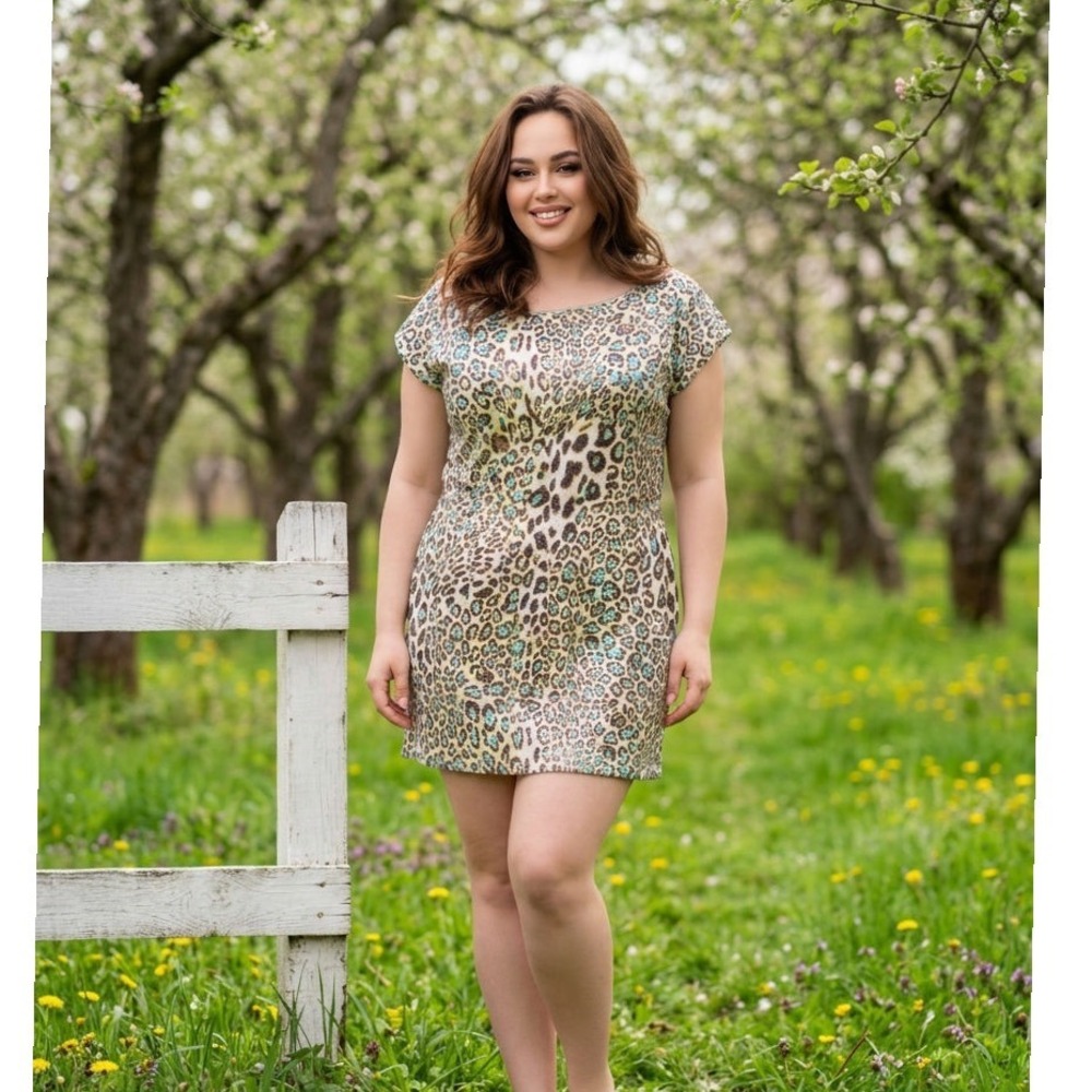 Isle Apparel Womens Sequin Leopard Print Mini Dress Turquoise Gold Size L